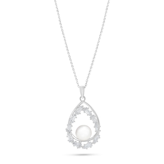 Sterling Silver 925 Necklace Rhodium Plated Embedded With Natural White Pearl And White Zircon