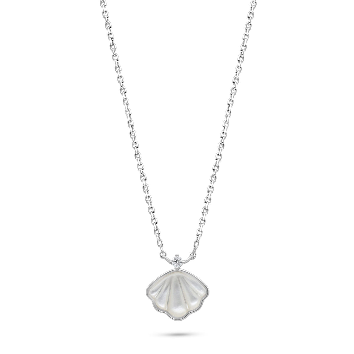 Sterling Silver 925 Necklace Rhodium Plated Embedded With white Shell And White Zircon
