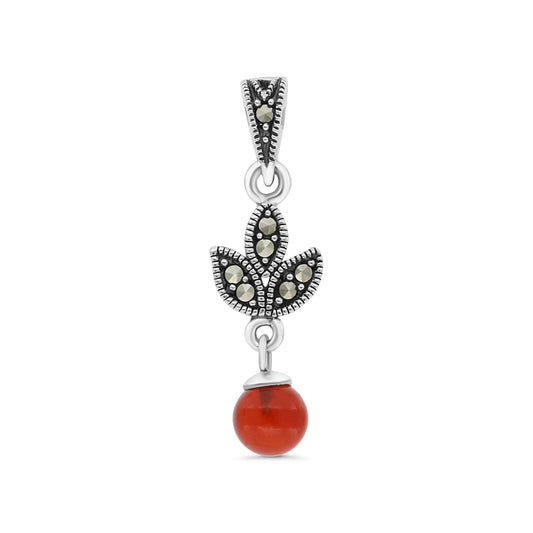 Sterling Silver 925 Pendant Embedded With Natural Aqiq And Marcasite Stones