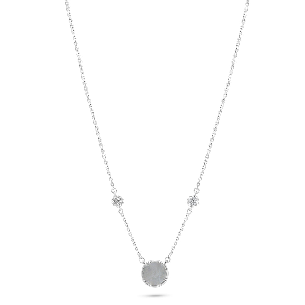 Sterling Silver 925 Necklace Rhodium Plated Embedded With White Shell And White Zircon