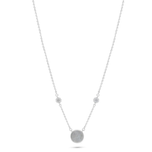 Sterling Silver 925 Necklace Rhodium Plated Embedded With White Shell And White Zircon