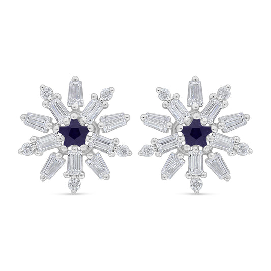 Sterling Silver 925 Earring Rhodium Plated Embedded With Sapphire Corundum And White Zircon