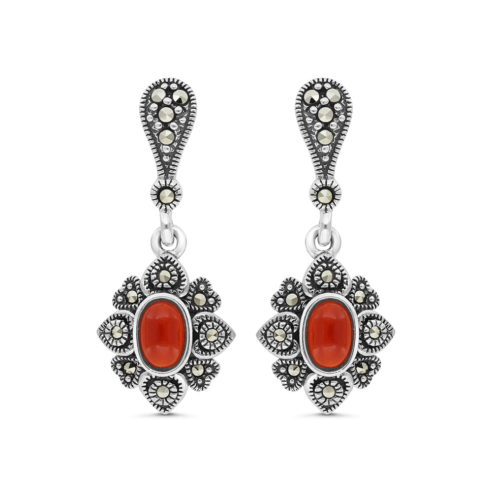 Sterling Silver 925 Earring Embedded With Natural Aqiq And Marcasite Stones