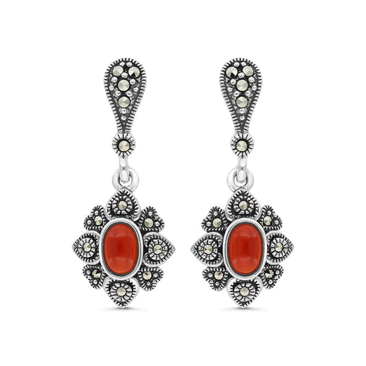 Sterling Silver 925 Earring Embedded With Natural Aqiq And Marcasite Stones