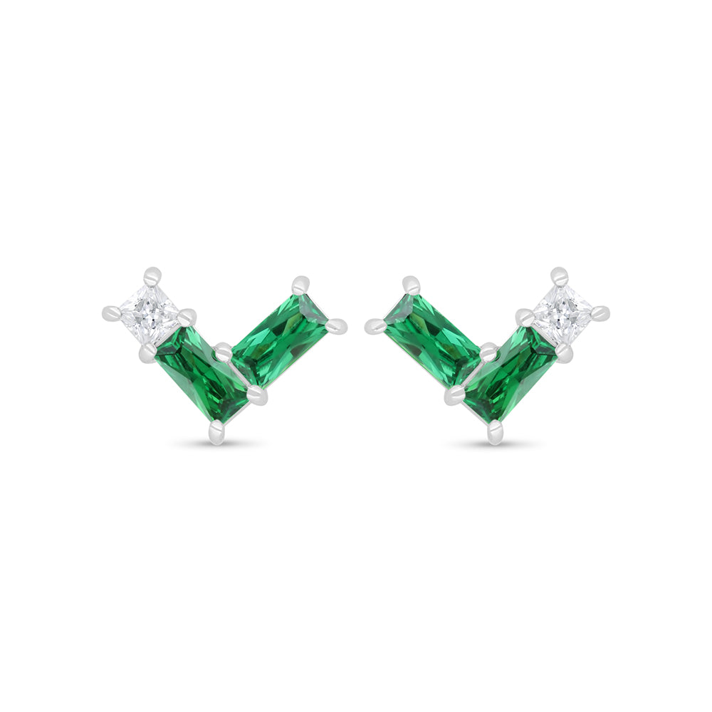 Sterling Silver 925 Earring Rhodium Plated Embedded With Emerald Zircon And White Zircon