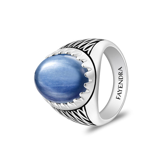 Sterling Silver 925 Ring Rhodium And Black Plated Embedded With Cabochon Natural Kyanite For Men