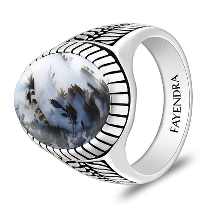 Sterling Silver 925 Ring Rhodium And Black Plated Embedded With Natural Agate Cabochon For Men