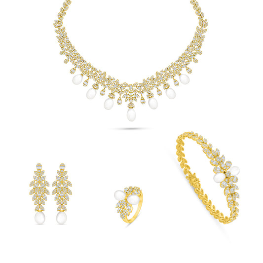 Sterling Silver 925 Set Golden Plated Embedded With Natural White Pearl And White Zircon