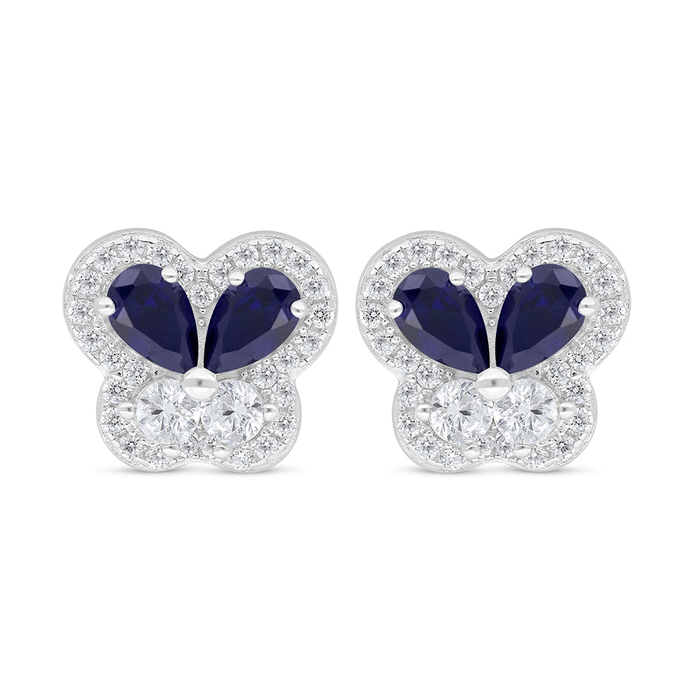 Sterling Silver 925 Earring Rhodium Plated Embedded With Sapphire Corundum And White Zircon