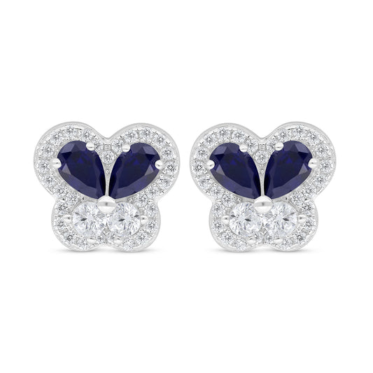 Sterling Silver 925 Earring Rhodium Plated Embedded With Sapphire Corundum And White Zircon