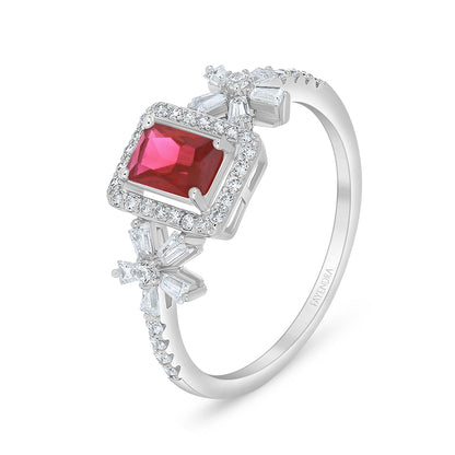 Sterling Silver 925 Ring Rhodium Plated Embedded With Ruby Corundum And White Zircon