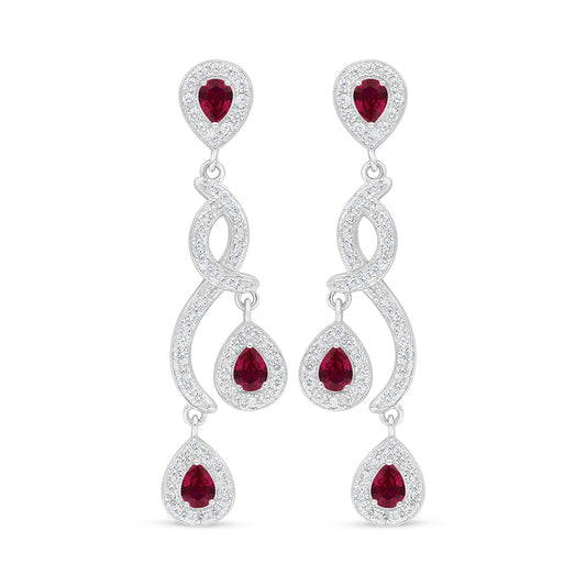 Sterling Silver 925 Earring Rhodium Plated Embedded With Ruby Corundum And White Zircon