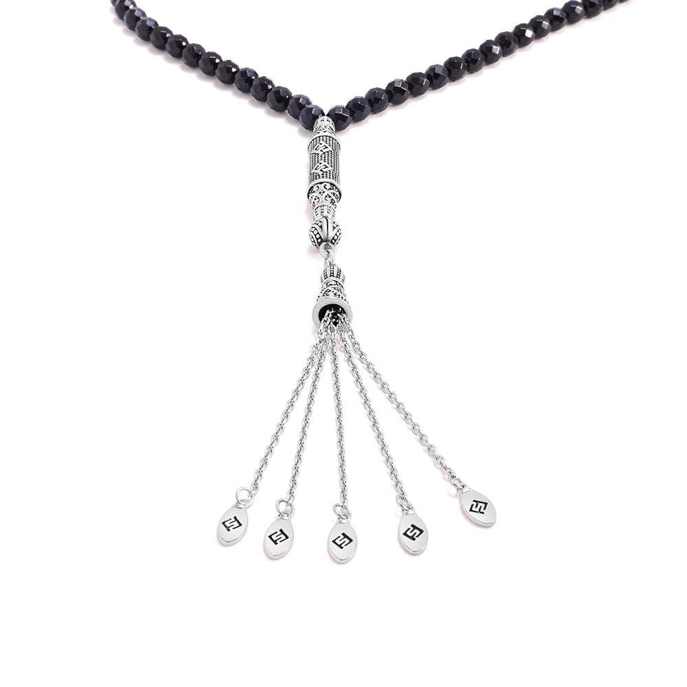 سبحة 100 احجار عقيق اسود بيلية 6 مل Faceted طقم ستانلس ستيل عيار 316L مطلى فضي واسود