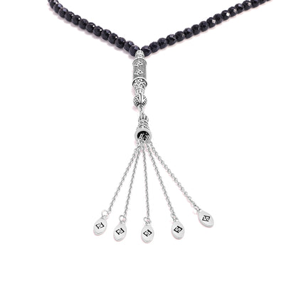 سبحة 100 احجار عقيق اسود بيلية 6 مل Faceted طقم ستانلس ستيل عيار 316L مطلى فضي واسود