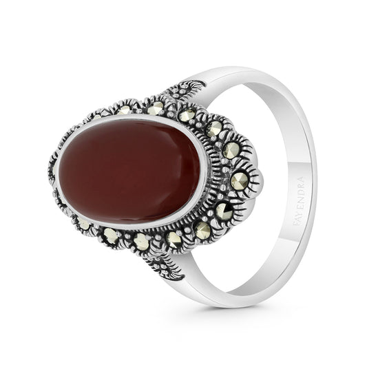 Sterling Silver 925 Ring Embedded With Natural Aqiq And Marcasite Stones