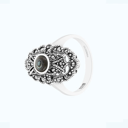 Sterling Silver 925 Ring Embedded With Natural Blue Shell And Marcasite Stones