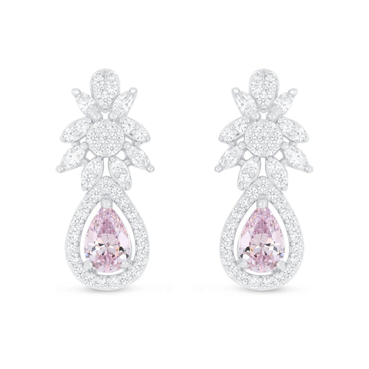 Sterling Silver 925 Earring Rhodium Plated Embedded With Pink Zircon And White Zircon