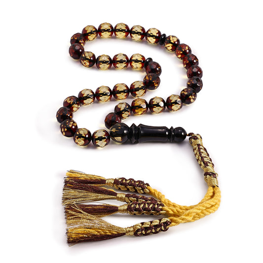 Rosary 33 Embedded With Natural Green Amber Round Faceted Beads 9-10 mm And Fabric Tassel