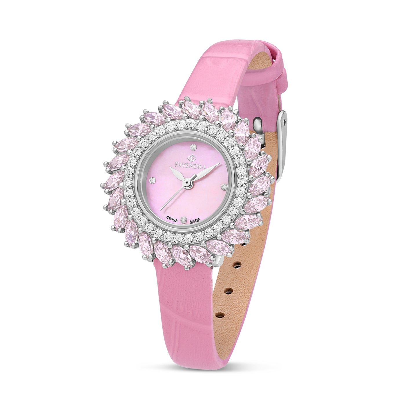 Stainless Steel 316 Watch Silver Color Pink Leather Embedded With Pink Zircon And White Zircon - PINK MOP DIAL