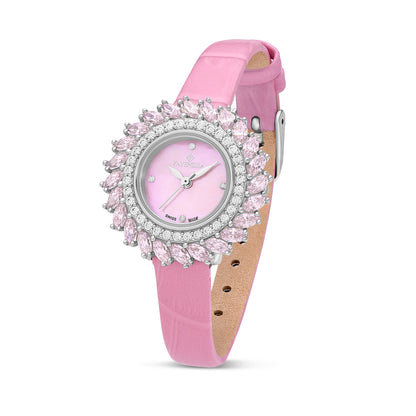 Stainless Steel 316 Watch Silver Color Pink Leather Embedded With Pink Zircon And White Zircon - PINK MOP DIAL