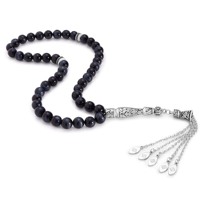 سبحة 45 احجار عين النمر الازرق بيلية 8 مم طقم ستانلس ستيل عيار 316L مطلى فضي واسود