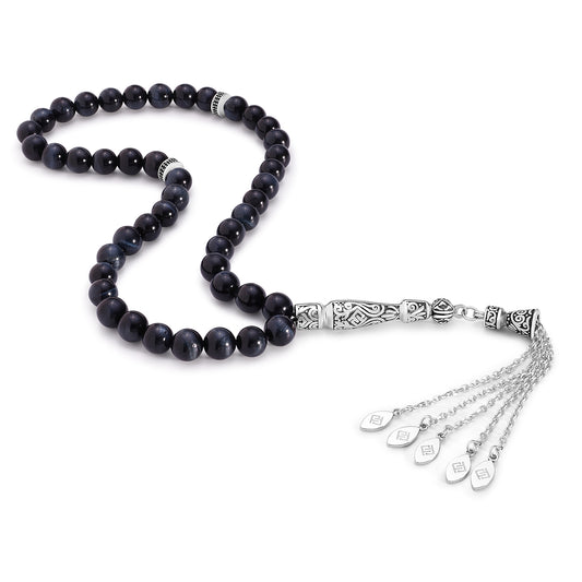 Blue Tiger Eye Rosary 45Bead 8 MM Whit Stainless Steel 316L Set (Silver & Black Plated)