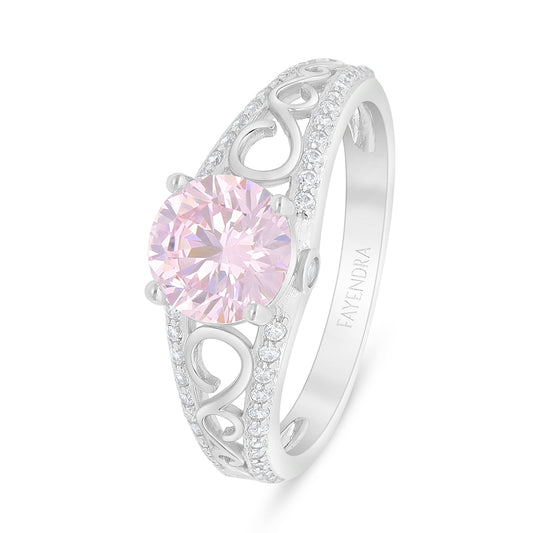 Sterling Silver 925 Ring Rhodium Plated Embedded With Pink Zircon And White Zircon