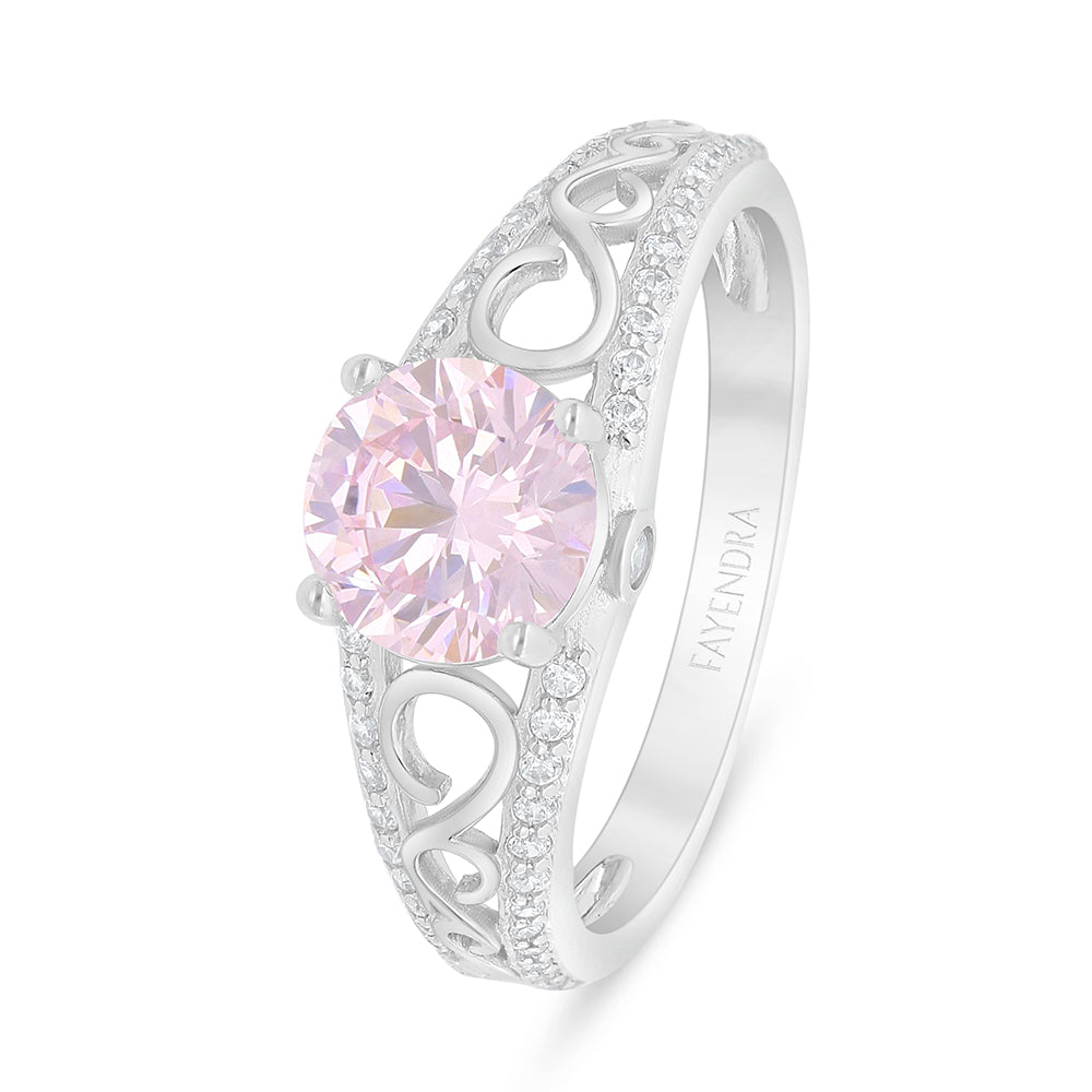 Sterling Silver 925 Ring Rhodium Plated Embedded With Pink Zircon And White Zircon