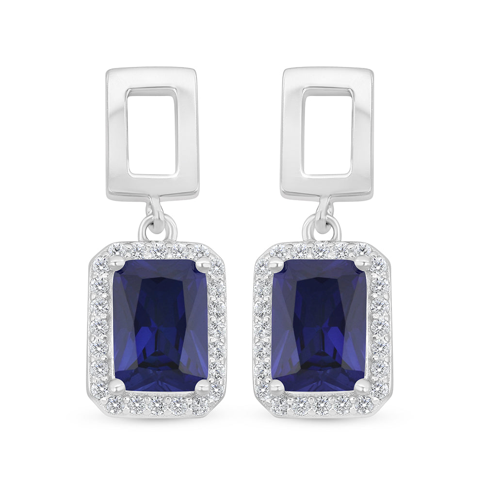 Sterling Silver 925 Earring Rhodium Plated Embedded With Sapphire Corundum And White Zircon