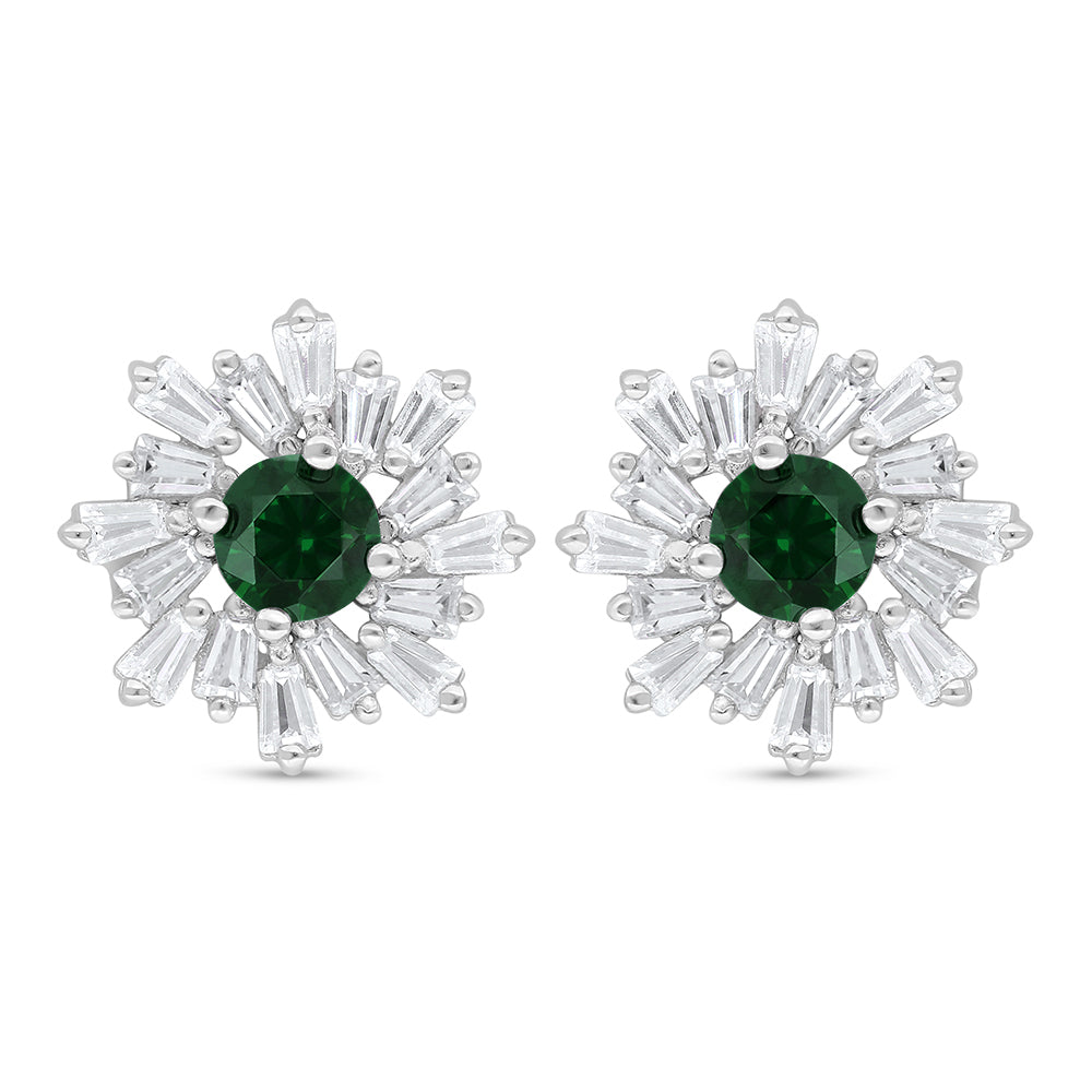 Sterling Silver 925 Earring Rhodium Plated Embedded With Emerald Zircon And White Zircon