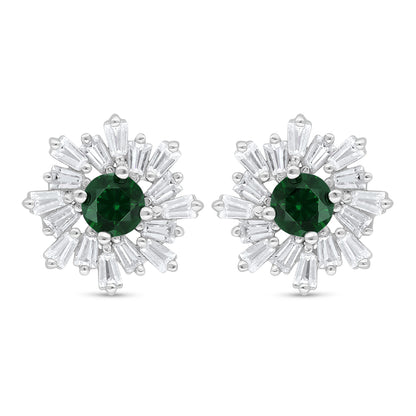 Sterling Silver 925 Earring Rhodium Plated Embedded With Emerald Zircon And White Zircon