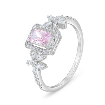 Sterling Silver 925 Ring Rhodium Plated Embedded With Pink Zircon And White Zircon