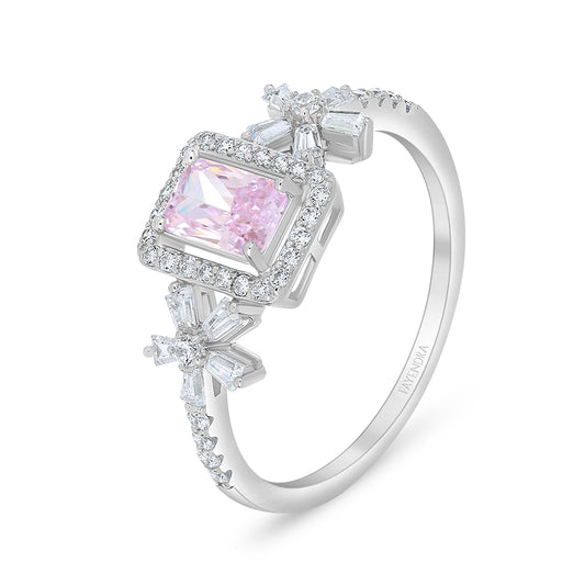 Sterling Silver 925 Ring Rhodium Plated Embedded With Pink Zircon And White Zircon