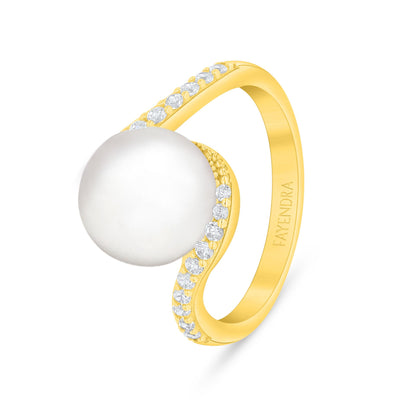 Sterling Silver 925 Ring Golden Plated Embedded With Natural White Pearl And White Zircon