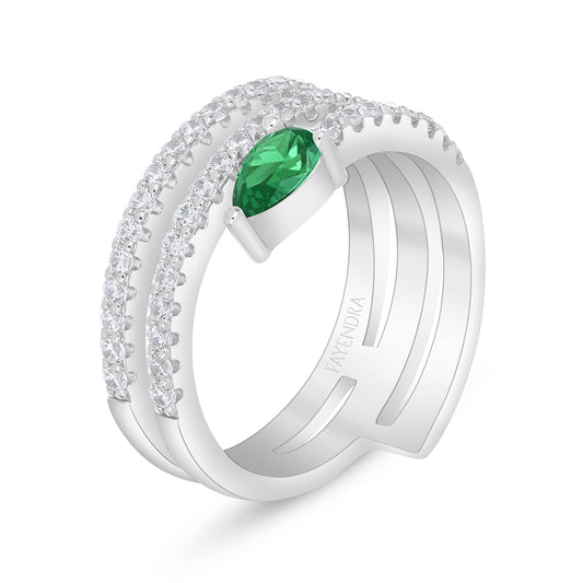 Sterling Silver 925 Ring Rhodium Plated Embedded With Emerald Zircon And White Zircon