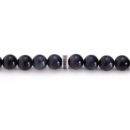 Blue Tiger Eye Rosary 45 Round Bead 8 MM Whit Stainless Steel 316L Set (Silver & Black Plated)