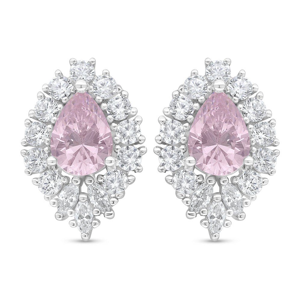 Sterling Silver 925 Earring Rhodium Plated Embedded With Pink Zircon And White Zircon