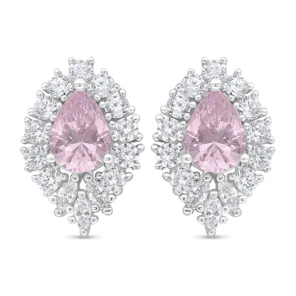 Sterling Silver 925 Earring Rhodium Plated Embedded With Pink Zircon And White Zircon