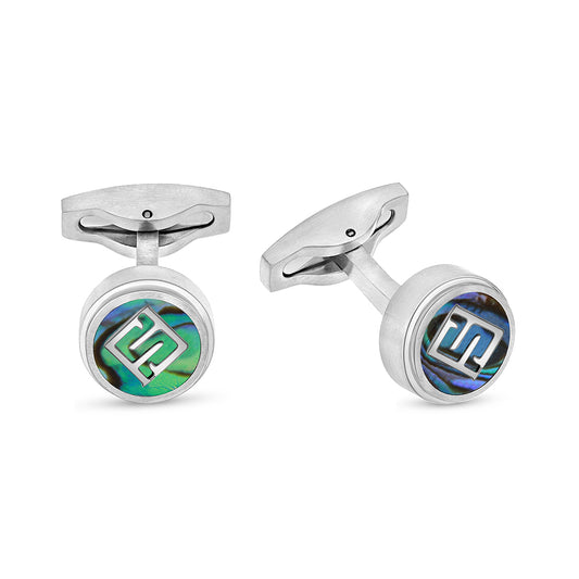 Stainless Steel Cufflink 316L Silver Color Embedded With Blue shell Matt Steel