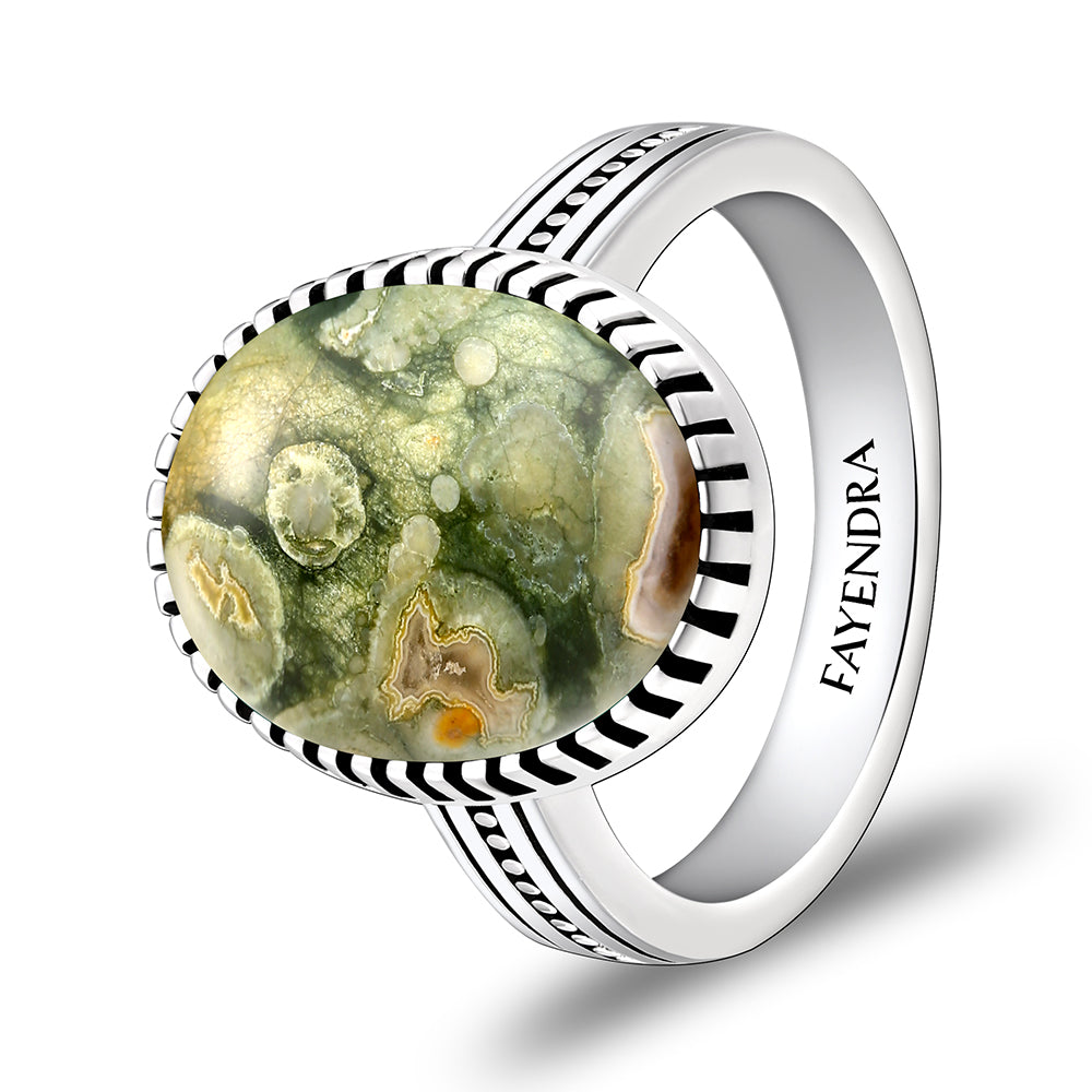 Sterling Silver 925 Ring Rhodium Plated Embedded With RHYOLITE