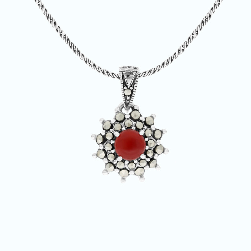 Sterling Silver 925 Pendant Embedded With Natural Aqiq And Marcasite Stones