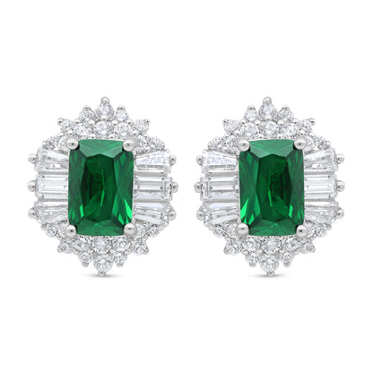 Sterling Silver 925 Earring Rhodium Plated Embedded With Emerald Zircon And White Zircon