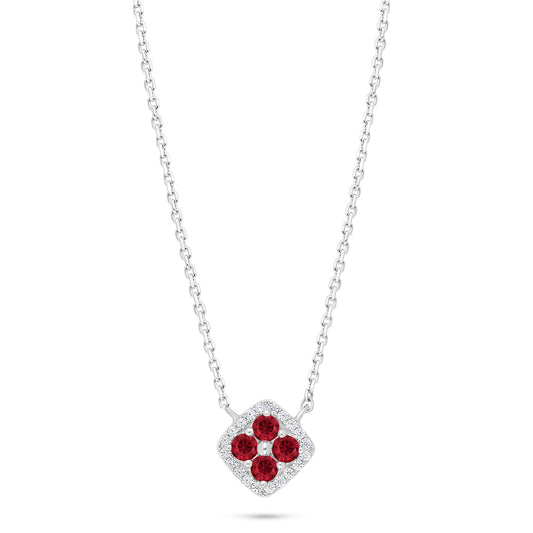 Sterling Silver 925 Necklace Rhodium Plated Embedded With Ruby Corundum And White Zircon