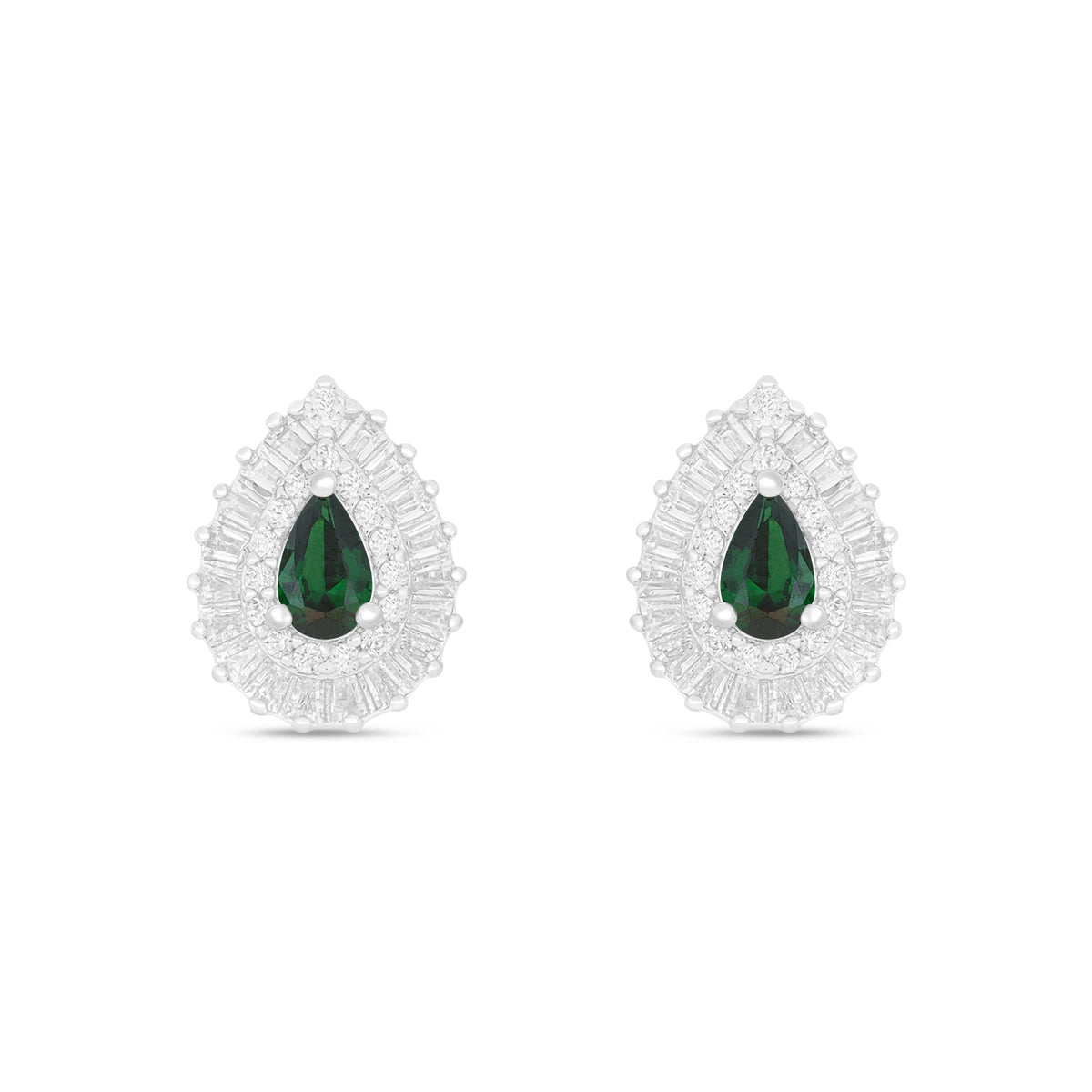 Sterling Silver 925 Earring Rhodium Plated Embedded With Emerald Zircon And White Zircon