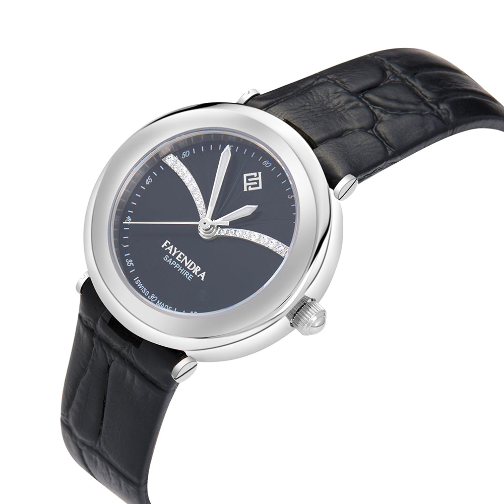 Stainless Steel 316L Watch Silver Color Black Leather And White Zircon - BLACK METAL DIAL