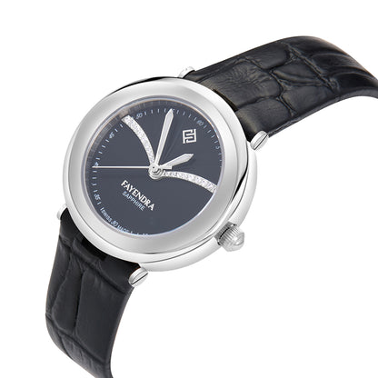 Stainless Steel 316L Watch Silver Color Black Leather And White Zircon - BLACK METAL DIAL