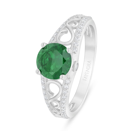 Sterling Silver 925 Ring Rhodium Plated Embedded With Emerald Zircon And White Zircon