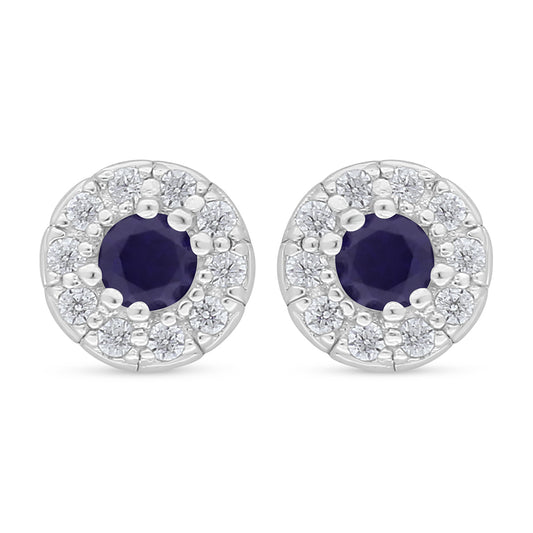 Sterling Silver 925 Earring Rhodium Plated Embedded With Sapphire Corundum And White Zircon