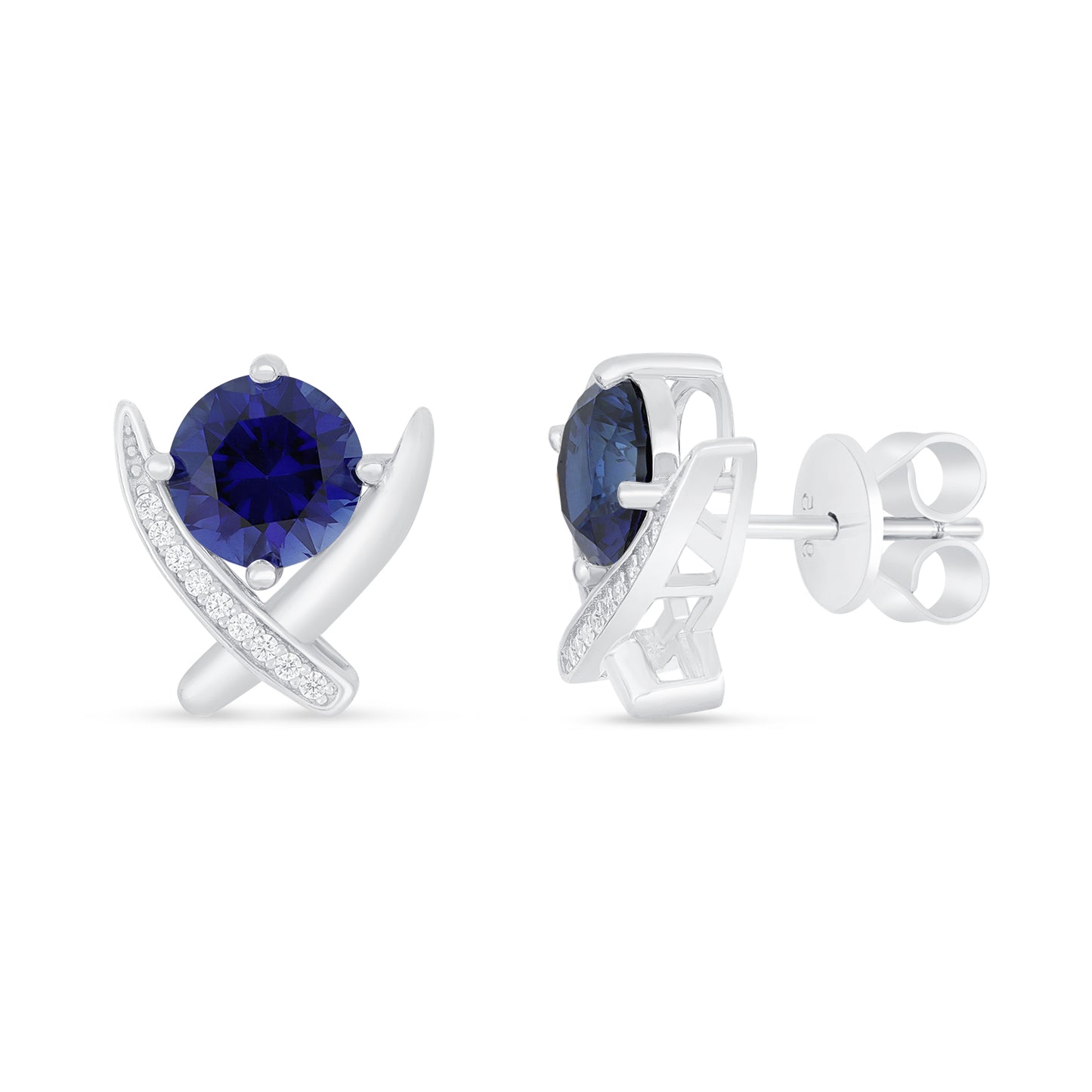 Sterling Silver 925 Earring Rhodium Plated Embedded With Sapphire Corundum And White Zircon