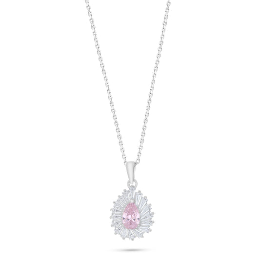 Sterling Silver 925 Necklace Rhodium Plated Embedded With pink Zircon And White Zircon
